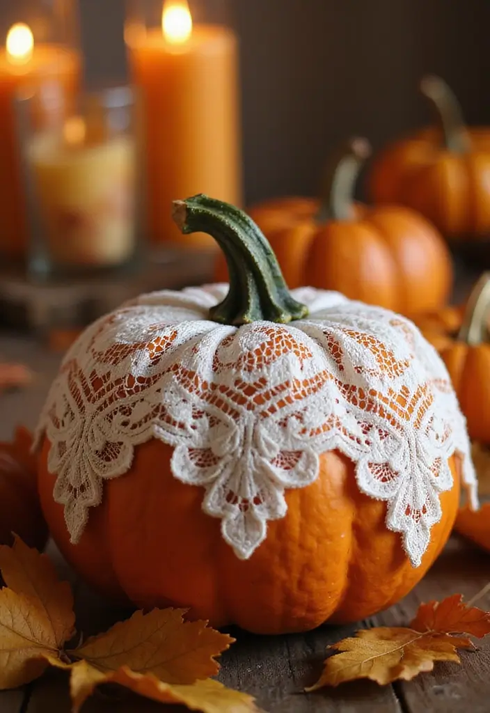 30 No-Carve Pumpkin Decorating Ideas for Hassle-Free Halloween - 21. Lace-Decorated Pumpkins