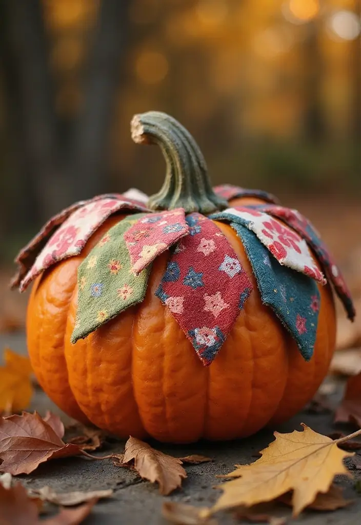 30 No-Carve Pumpkin Decorating Ideas for Hassle-Free Halloween - 25. Fabric Scraps Pumpkin
