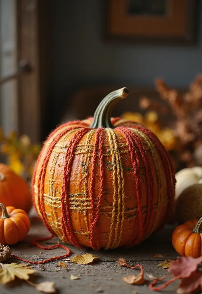 30 No-Carve Pumpkin Decorating Ideas for Hassle-Free Halloween - 12. Yarn-Wrapped Pumpkins
