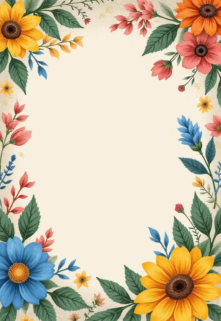 Bright floral friendship scrapbook ideas page with colorful sunflowers, leaves, and space for photos or journaling.