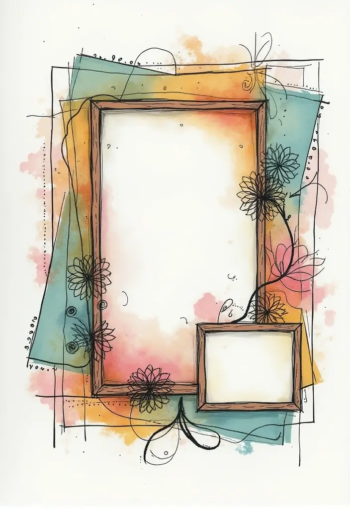 Artistic friendship scrapbook ideas page with watercolor backgrounds, floral doodles, and empty photo frames ready for memories.