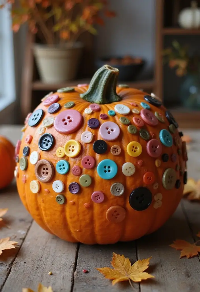 30 No-Carve Pumpkin Decorating Ideas for Hassle-Free Halloween - 11. Button Bonanza