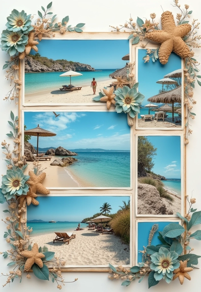 Tropical-themed friendship scrapbook ideas page with beach photos, seashell accents, and floral decorations.