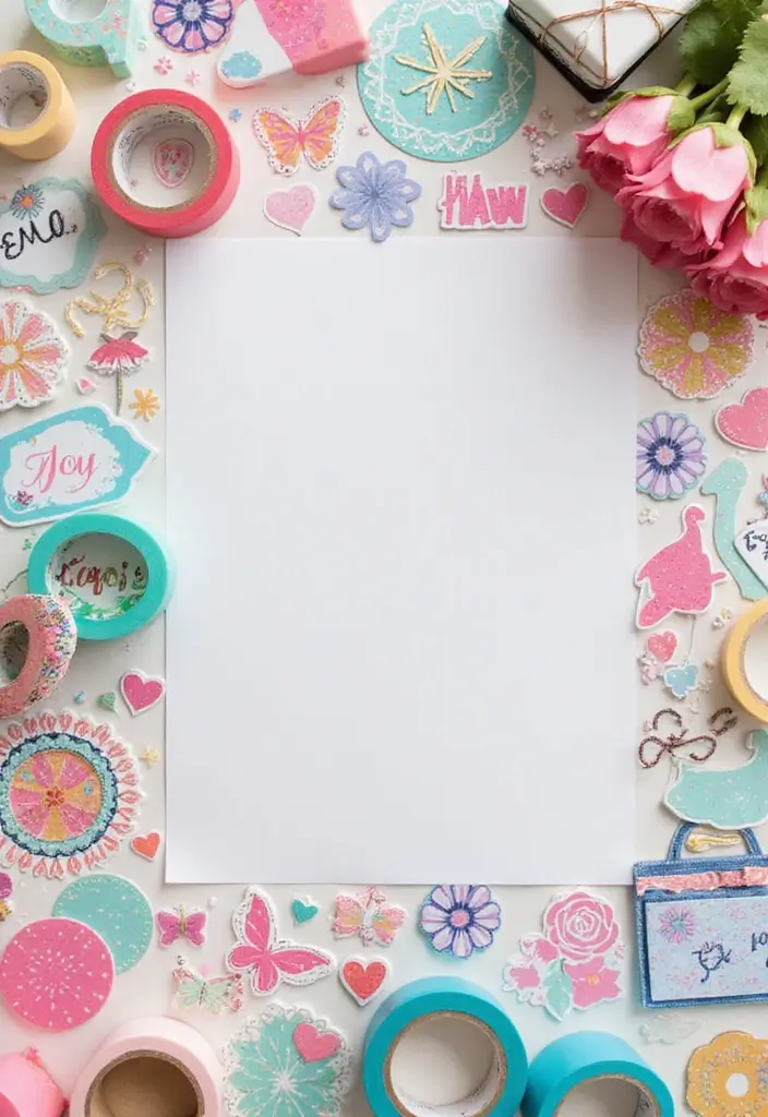 Colorful friendship scrapbook ideas layout with washi tape, stickers, and blank center space for photos or journaling.
