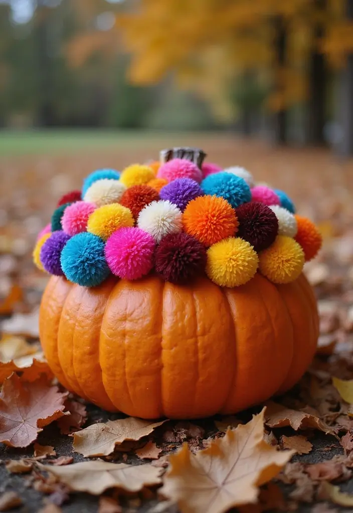 30 No-Carve Pumpkin Decorating Ideas for Hassle-Free Halloween - 8. Colorful Pom-Pom Pumpkins