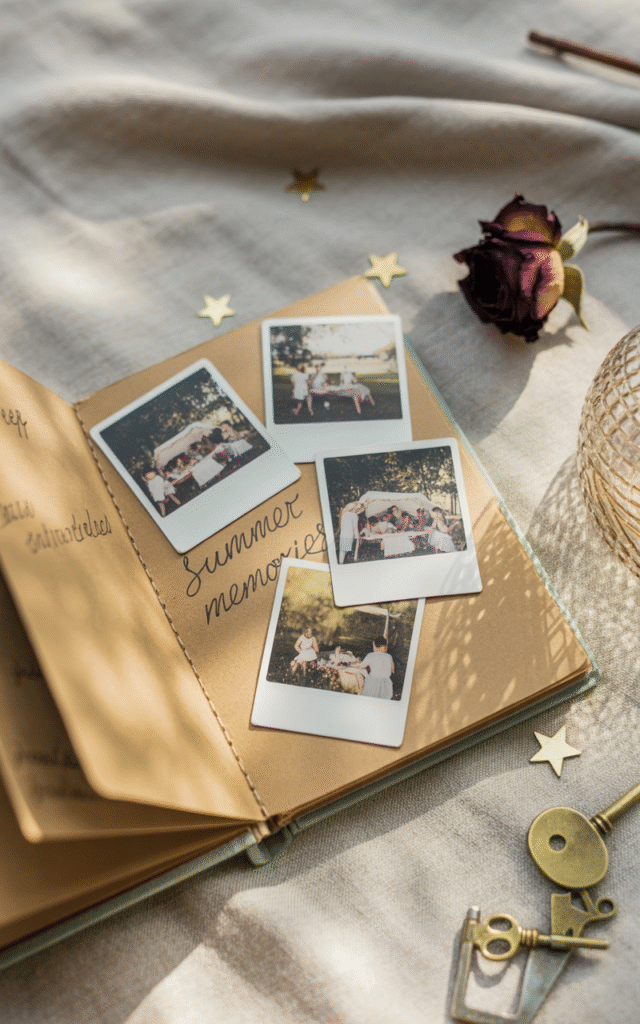 Vintage-style friendship scrapbook ideas with polaroid photos, handwritten summer memories, and decorative accents.