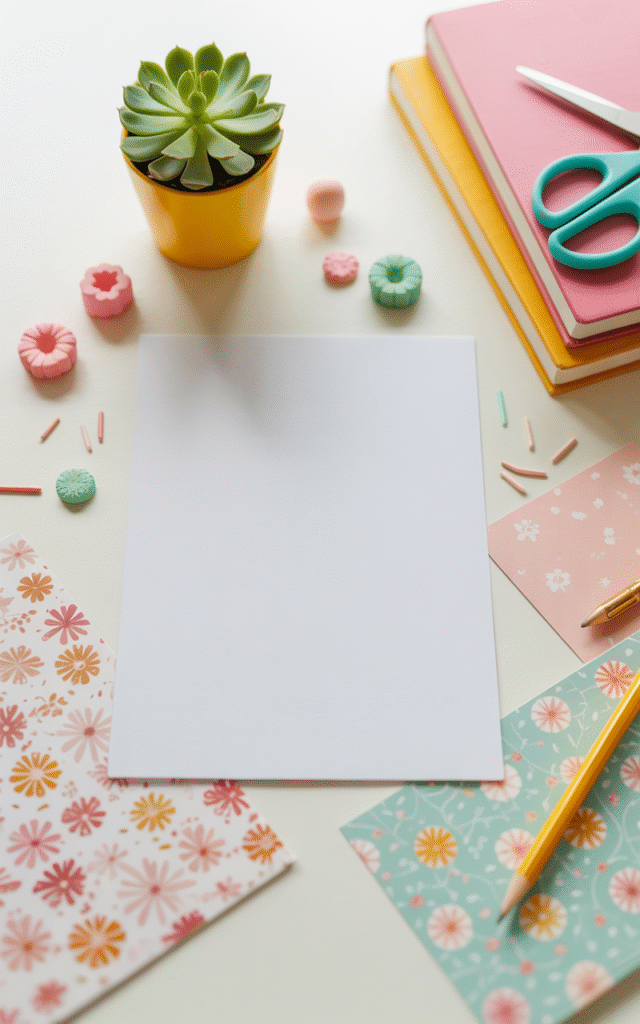 Bright and cheerful workspace with floral paper, pencils, and supplies for creating friendship scrapbook ideas.