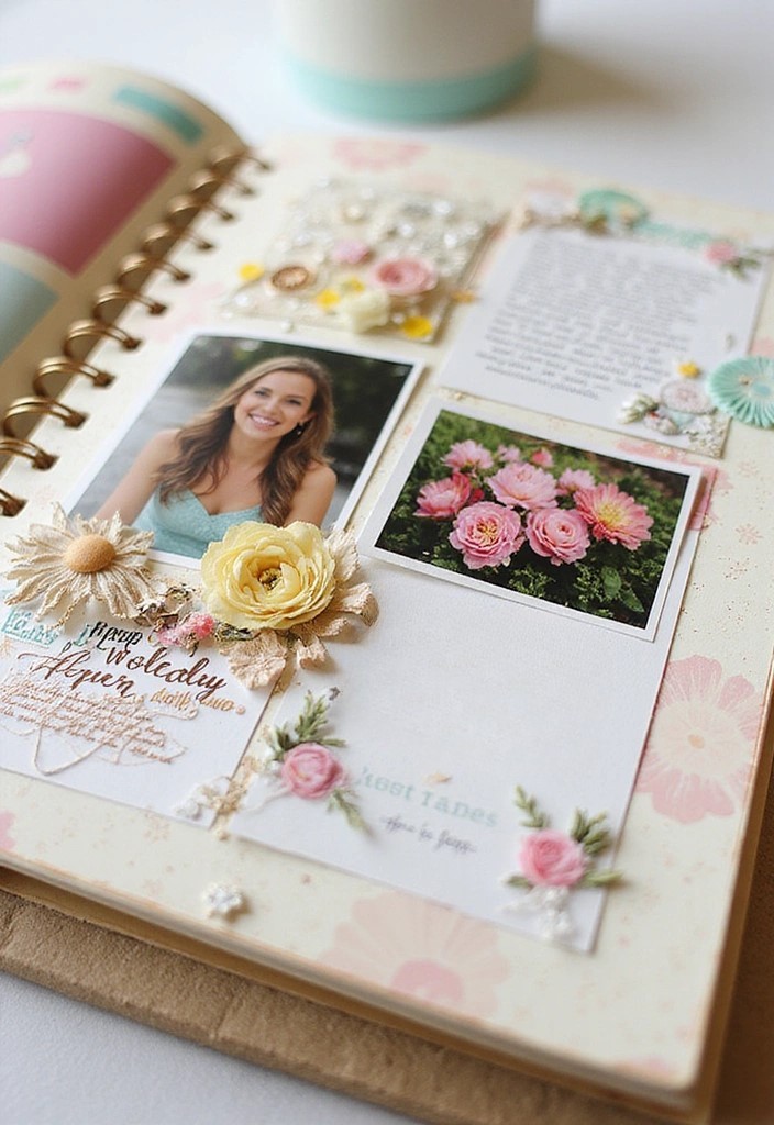 Beautiful friendship scrapbook ideas page with a smiling woman’s photo, pink roses, and delicate floral embellishments.