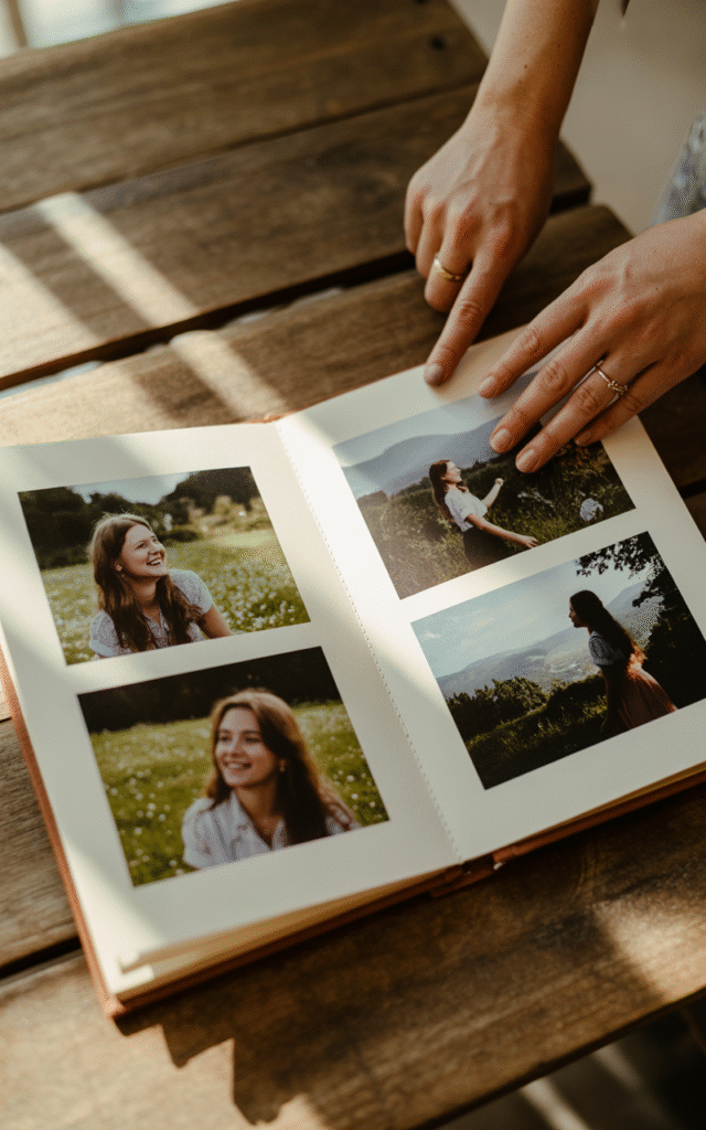 Hands flipping through a scrapbook filled with candid outdoor portraits, offering inspiration for friendship scrapbook ideas.