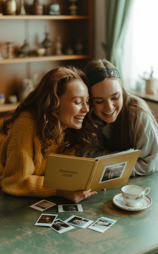 Two friends smiling and looking through a Summer 2018 photo album, surrounded by instant photos, perfect for friendship scrapbook ideas.