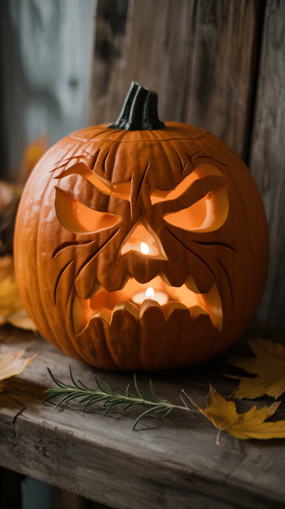 Funny grumpy pumpkin carving with frown – Halloween crafts for kids and adults.