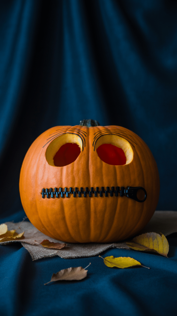 Funny Pumpkin carving ideas with zipper mouth – funny and unique Halloween prop DIY.