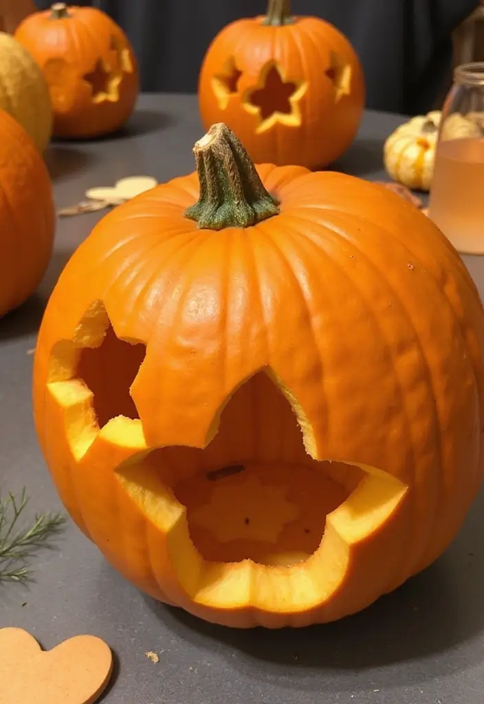 Kid friendly pumpkin carving ideas with simple shapes and patterns, including stars, for an easy and safe Halloween craft.