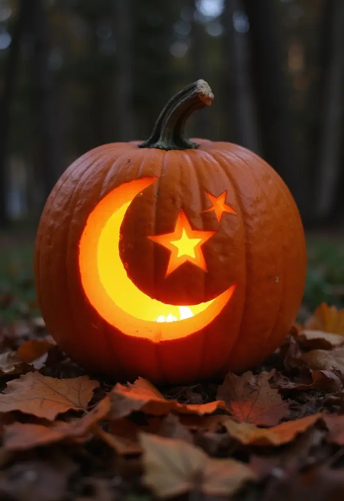 Harvest Moon design pumpkin carving featuring a glowing full moon with silhouetted trees and bats, perfect for a cozy autumn or Halloween display.