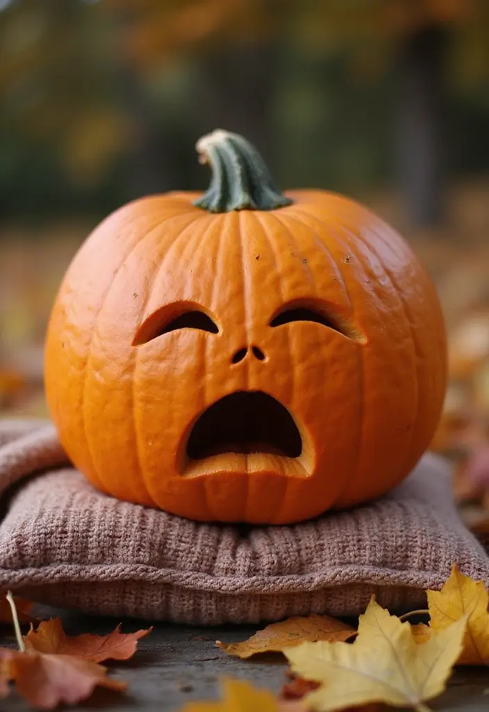 Funny sleepy pumpkin carving with droopy eyes – creative Halloween pumpkin design idea.