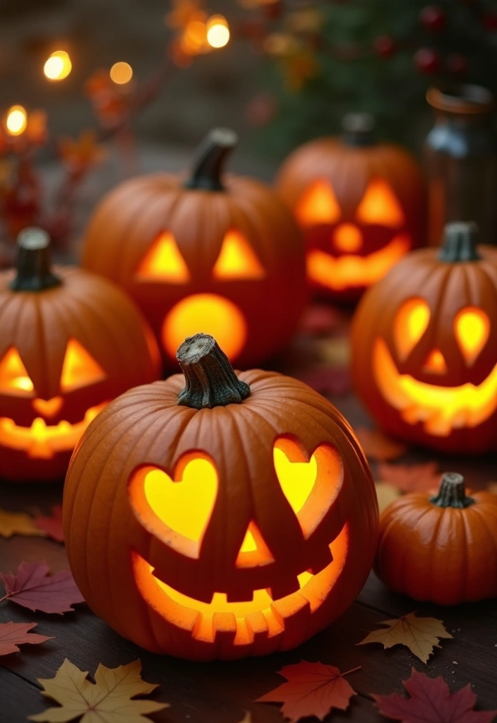 Set of pumpkins carved like popular emojis – unique Halloween pumpkin designs.