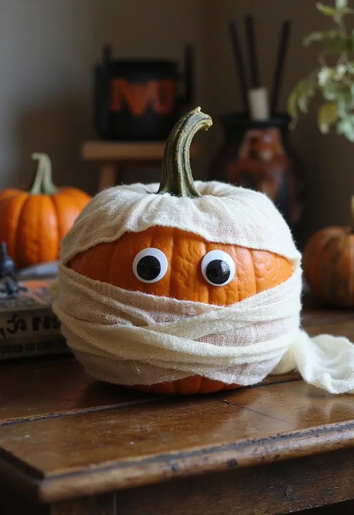 Funny mummy pumpkin wrapped in white gauze with googly eyes – easy DIY Halloween decoration idea.