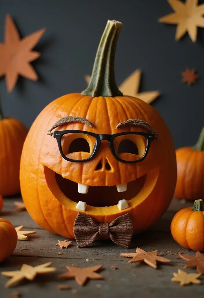 Funny nerdy pumpkin with glasses and a goofy smile – creative Halloween pumpkin design idea.