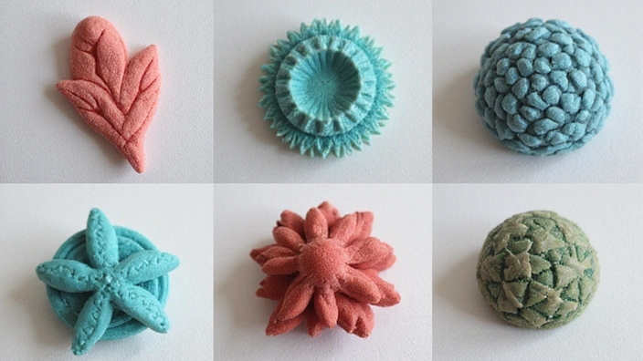 A group of colorful polymer clay designs.