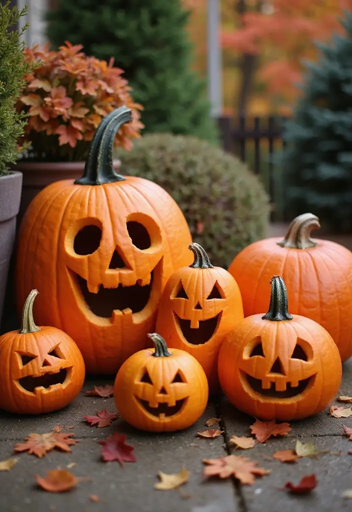 Funny pumpkin carving ideas – group of jack-o’-lanterns with big laughing grins, displayed outdoors with autumn leaves for Halloween.