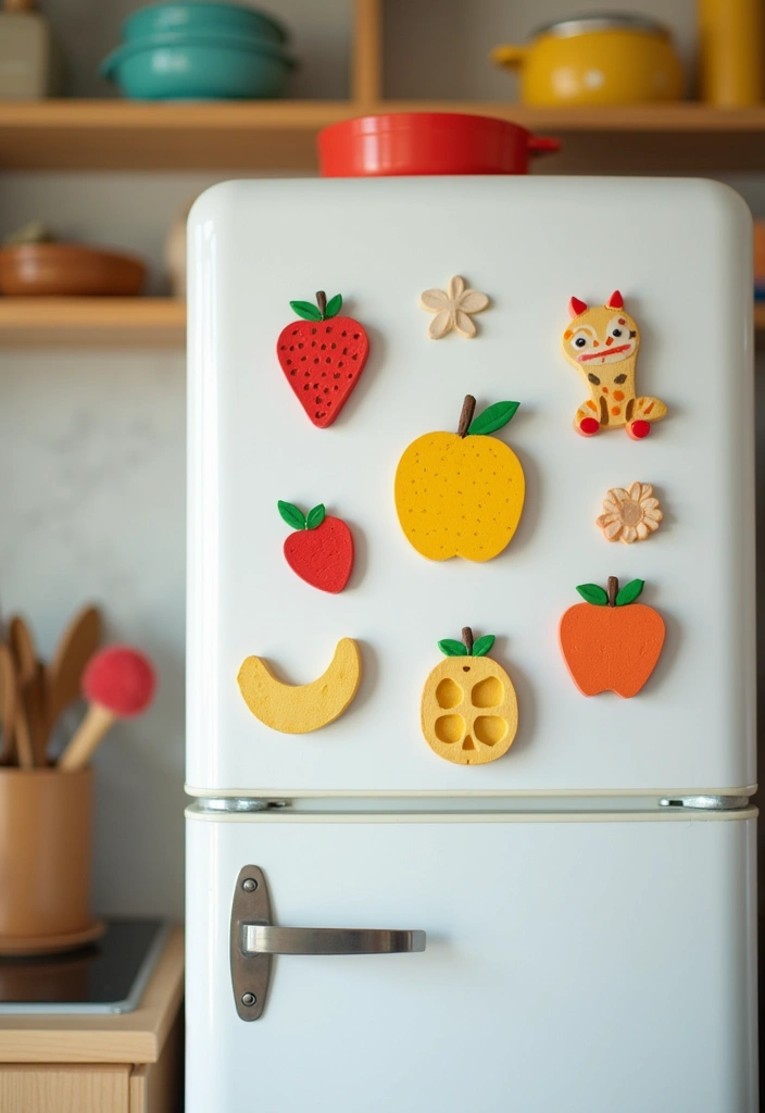 Colorful polymer clay fruit and animal magnets on a white fridge, a playful and easy beginner craft project for home decor.