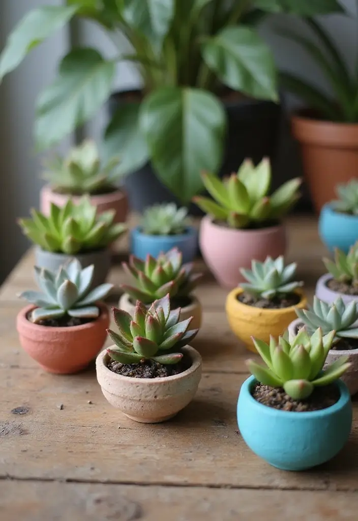 Hand-painted mini succulent pots in pastel colors, an adorable and simple clay decor idea.