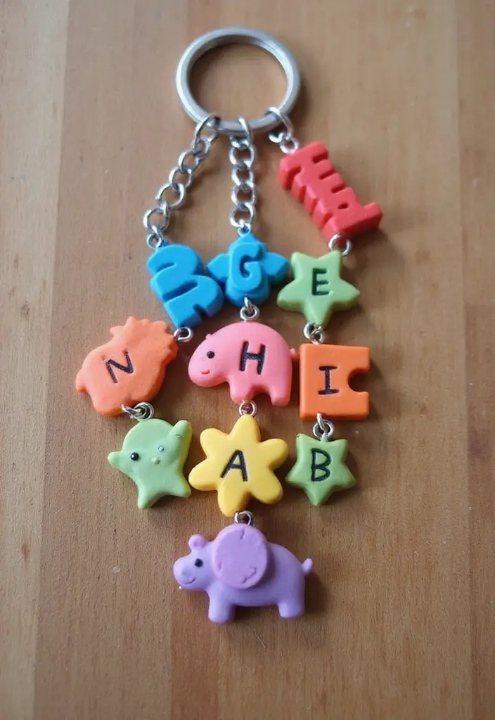 Alphabet letter and animal keychain charms made from clay, a personalized beginner craft project.