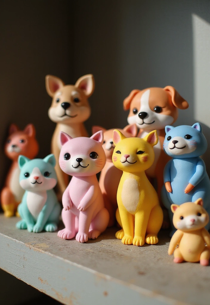 Cute clay cats and dogs in pastel tones, a charming and approachable animal figurine project.