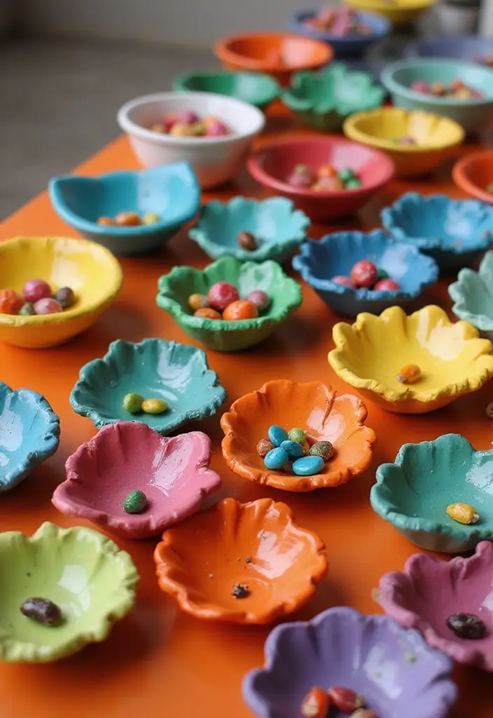 Colorful flower trinket dishes for rings and beads, an easy clay craft you can make in an afternoon.