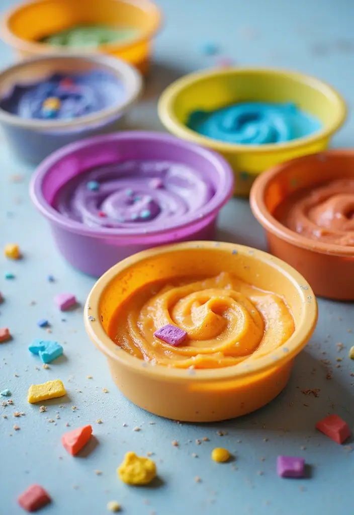 Bowls of bright polymer clay in rainbow colors, ready for creative sculpting and playful craft ideas.