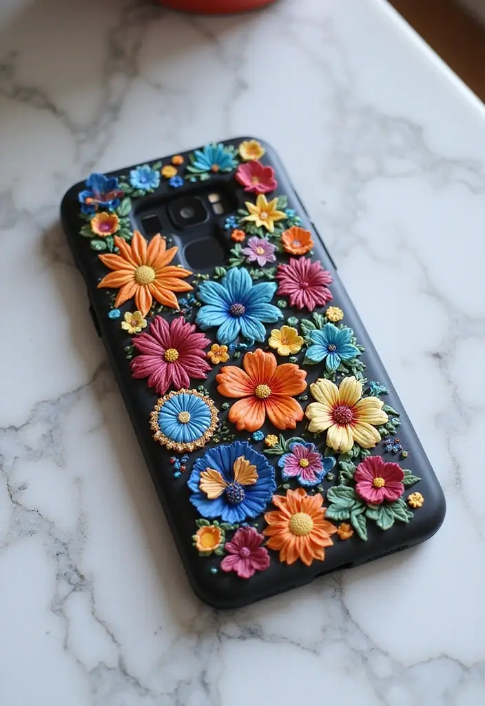 Black phone case decorated with colorful 3D floral designs, a simple polymer clay upcycling craft.