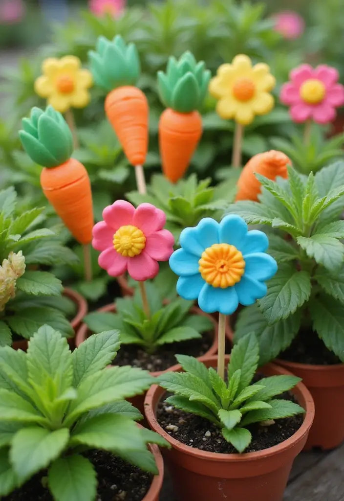 DIY garden plant markers shaped like carrots and flowers, a fun polymer clay project for home gardeners.
