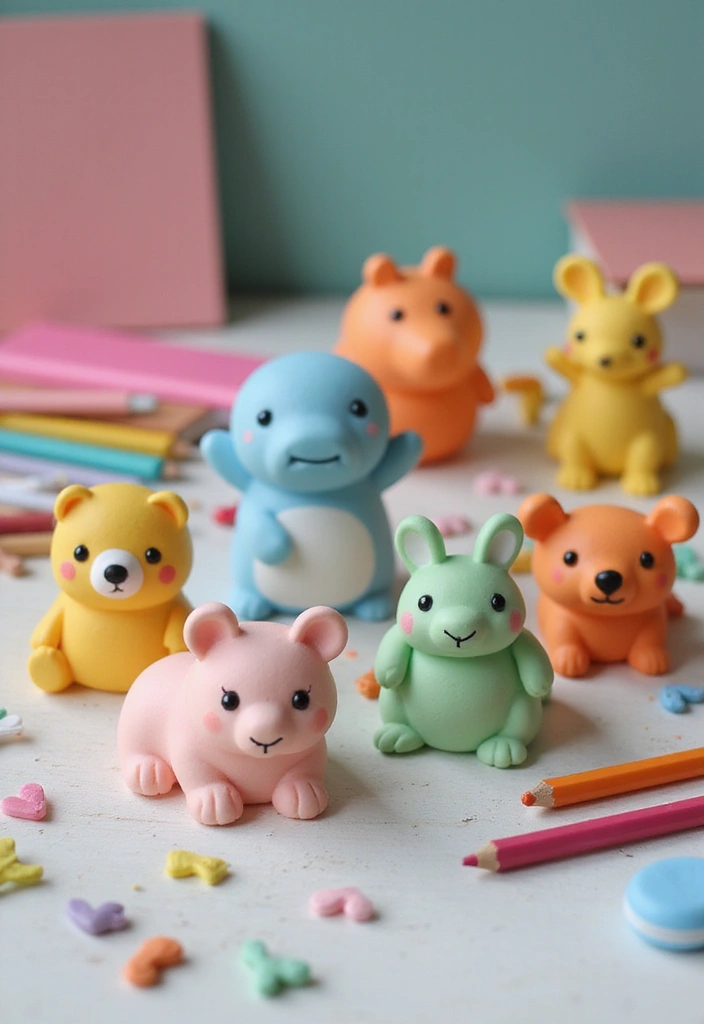 Cute pastel bear, bunny, and animal figurines made from polymer clay, perfect for first-time sculptors.