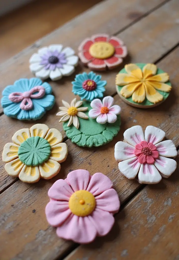 Beautiful floral magnets and pins polymer clay crafts for beginners, easy and colorful handmade decor ideas.