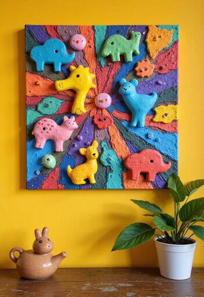 Bright and playful animal wall art polymer clay crafts for beginners, colorful and fun home decor DIY project.