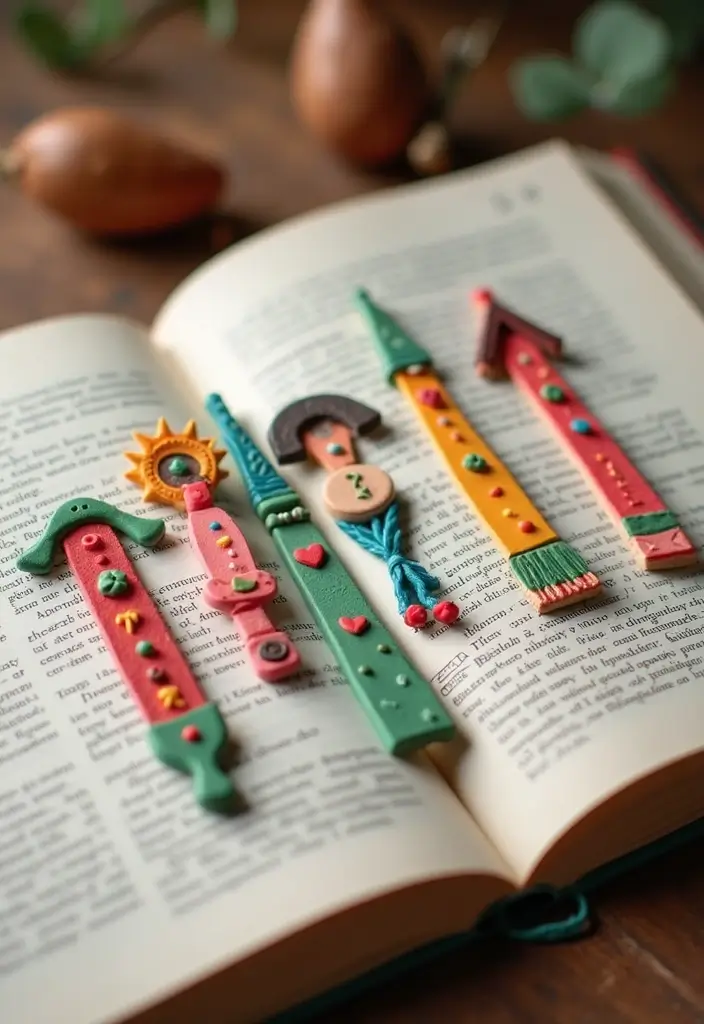 Whimsical handmade bookmarks polymer clay crafts for beginners, fun and creative gift ideas for book lovers.