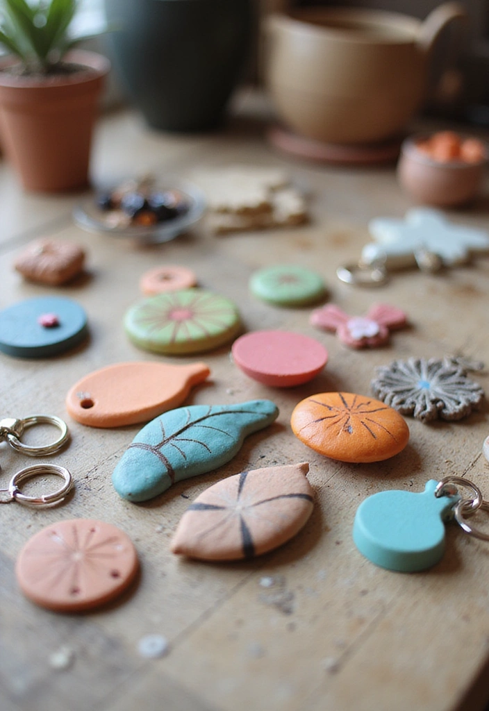 A collection of beginner polymer clay projects including keychains, beads, and magnets.
