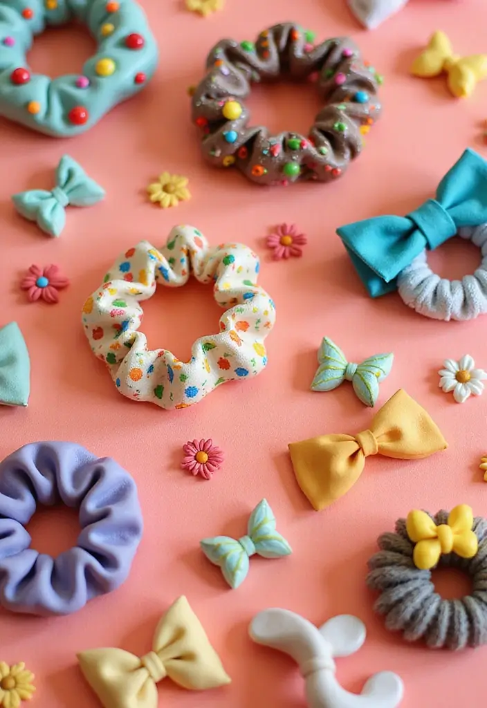 Colorful scrunchies and bow accessories polymer clay crafts for beginners, creative DIY fashion accessory ideas.