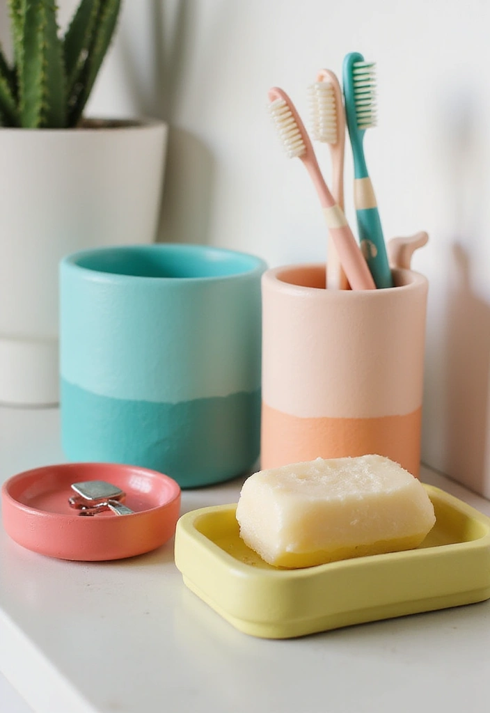 Minimalist pastel bathroom set polymer clay crafts for beginners, stylish handmade soap and toothbrush holders.