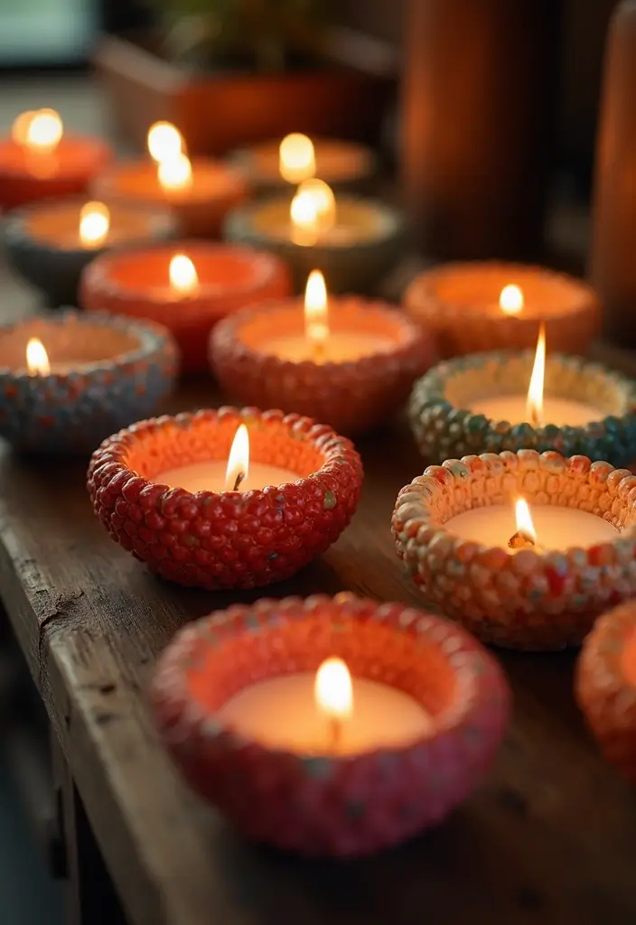 Cozy tealight candle holders made from polymer clay, easy beginner craft for handmade home decor lovers.