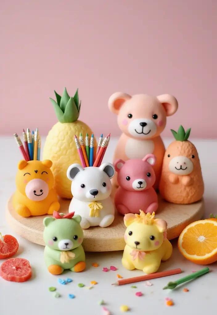 Cute animal pencil holder polymer clay crafts for beginners, adorable and practical DIY desk accessory ideas.