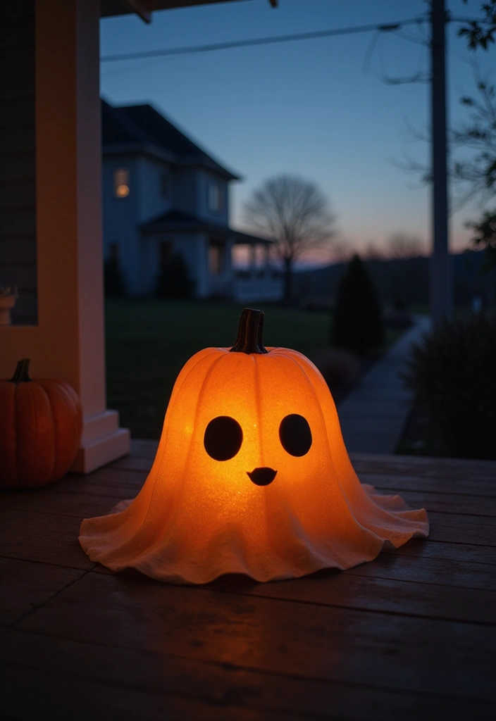 Pumpkin carving ideas for kids with a glowing ghost face on it.