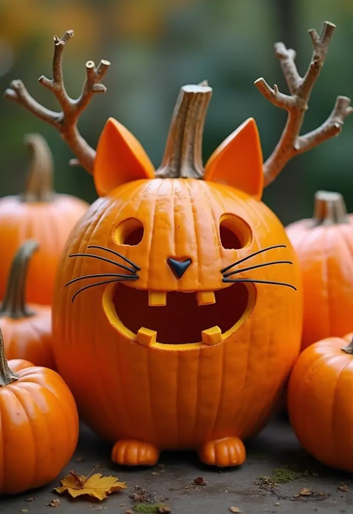 Pumpkin carving ideas for kids with animal faces like cats, owls, and foxes, making a cute and safe Halloween pumpkin design for children.
