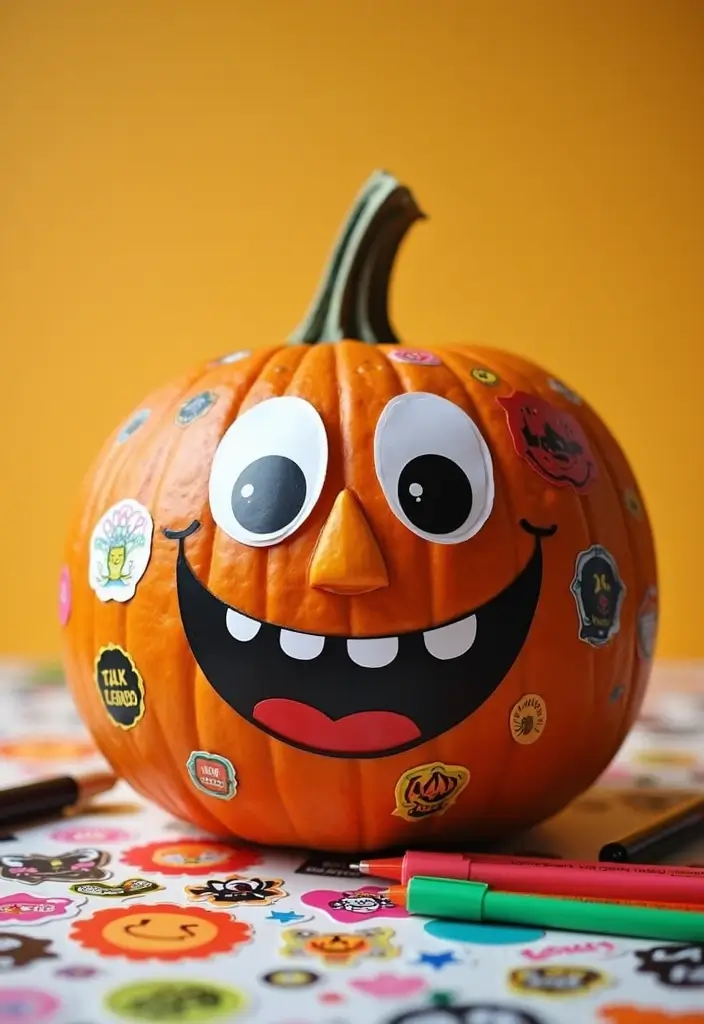 Kid friendly pumpkin carving ideas using funny faces with stickers, creating playful expressions without sharp tools for a safe Halloween project.
