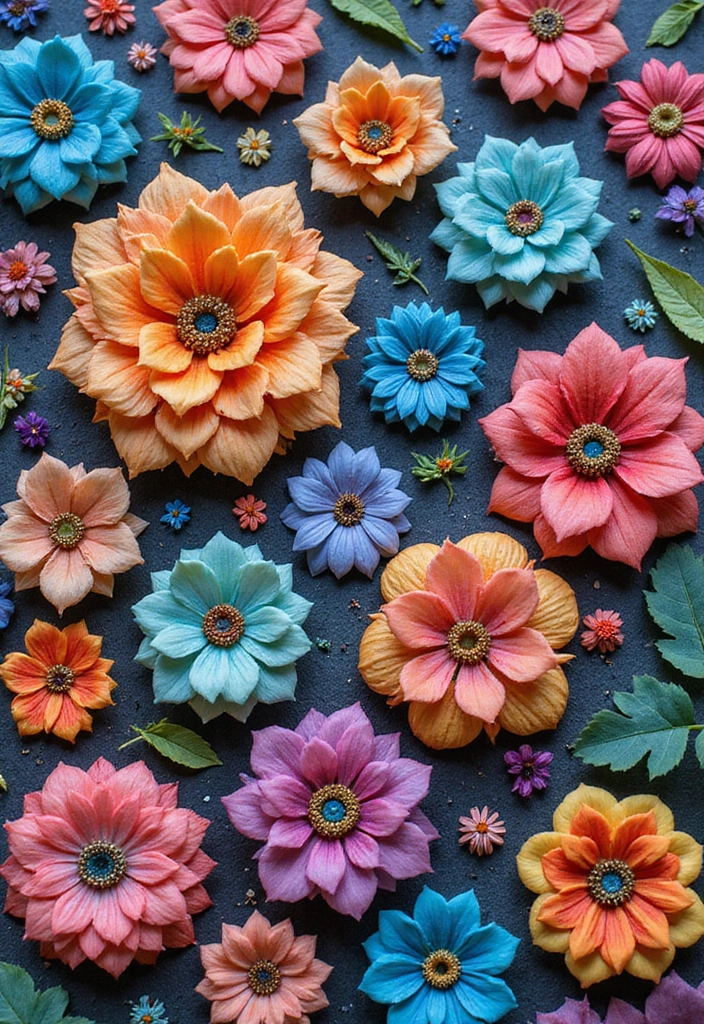 A group of colorful polymer clay flowers.
