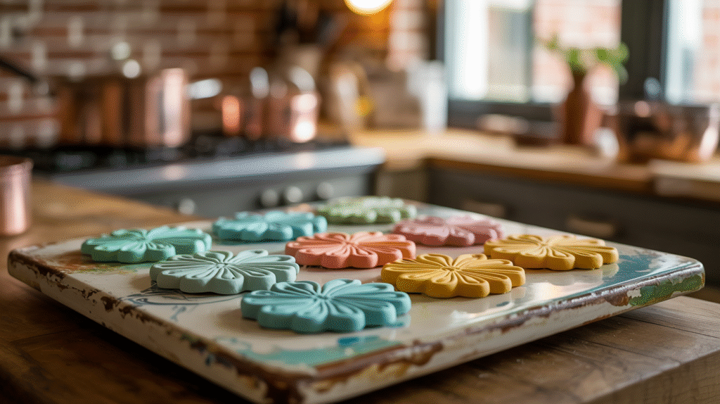 A baking tray with colorful polymer clay on it.