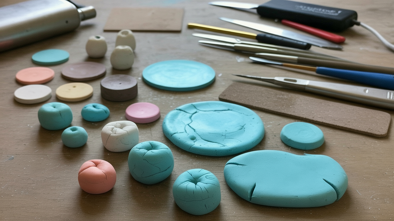 A group of polymer clay pieces and tools.