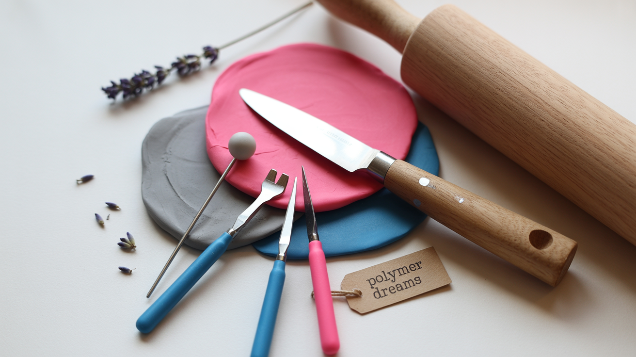 Polymer clay beginner tips with essential tools laid out on a crafting table.