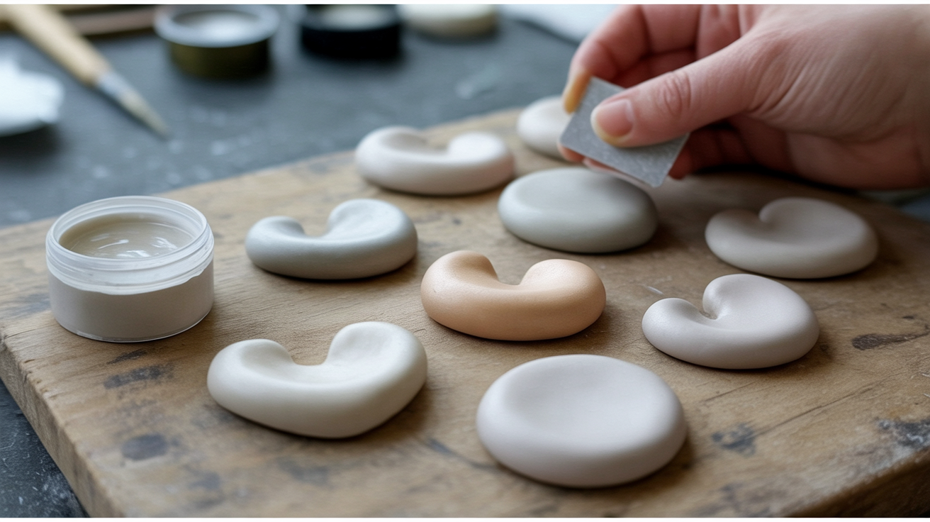 A person holding a piece of sanding paper over a group of white and neutral colored polymer clay.