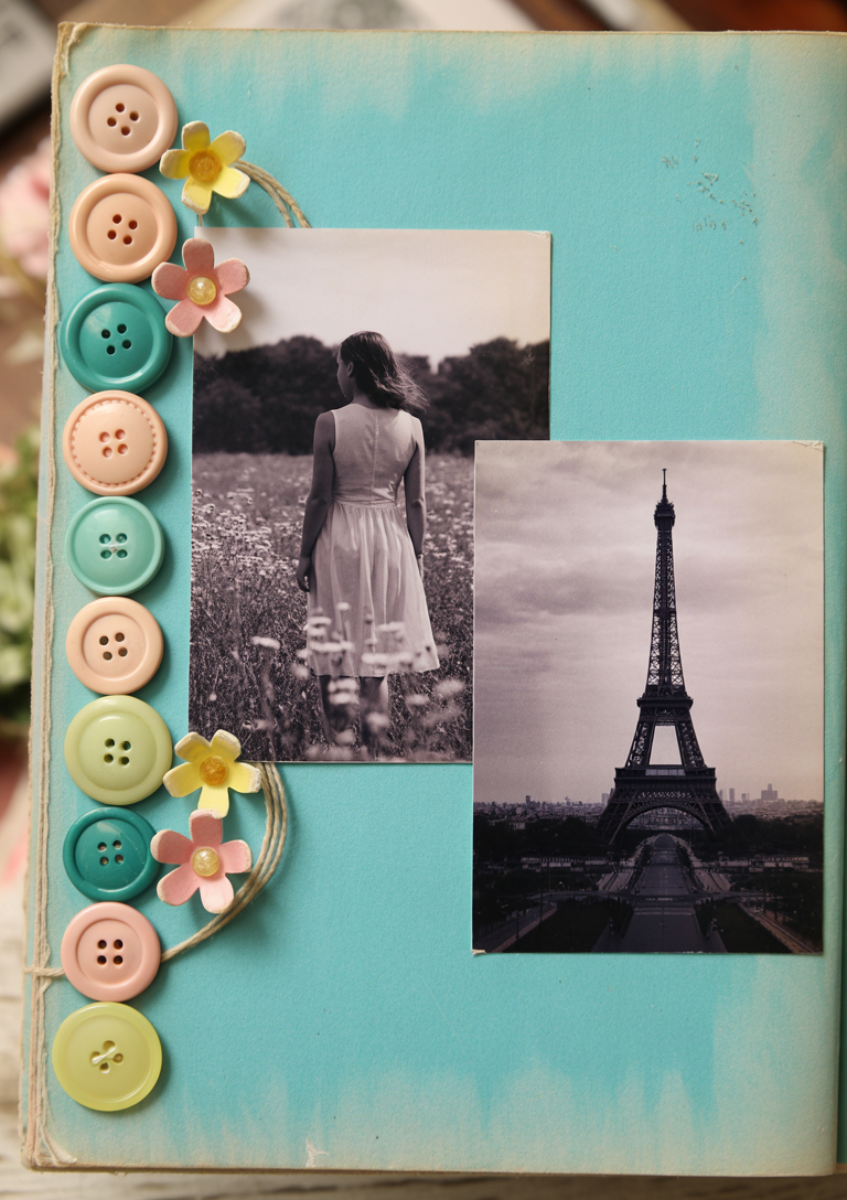 A photograph of a vintage scrapbook page with two black and white photographs.